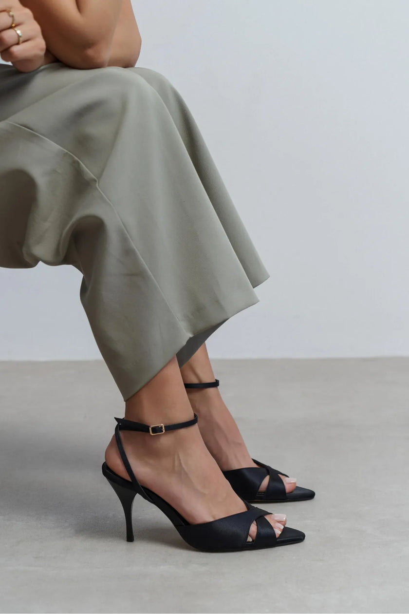 MONICA Black Satin Buckle Detail Ankle Strap Women’s Heels