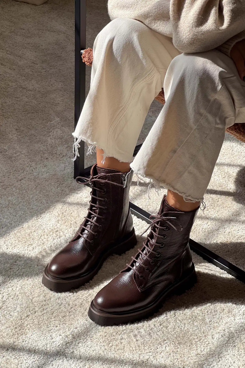 TEMPEST BROWN GENUINE LEATHER LACE-UP WOMEN'S COMBAT BOOTS