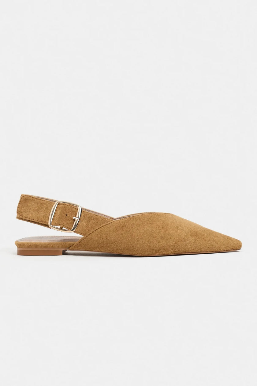 BENETO Tan Suede Pointed Toe Belt Detail Women’s Ballet Flats