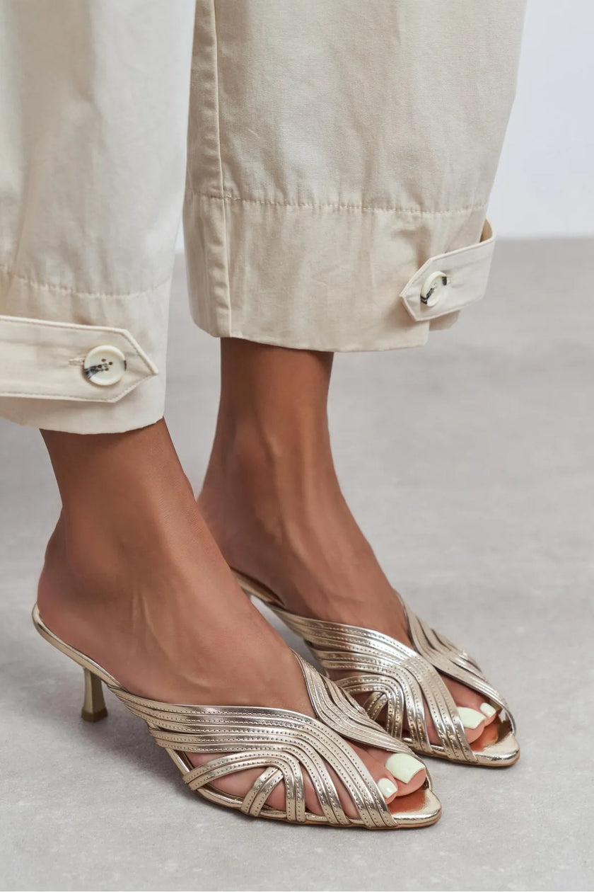 ROSIE Gold Metallic Open-Toe Cage Detail Women's Heeled Slippers