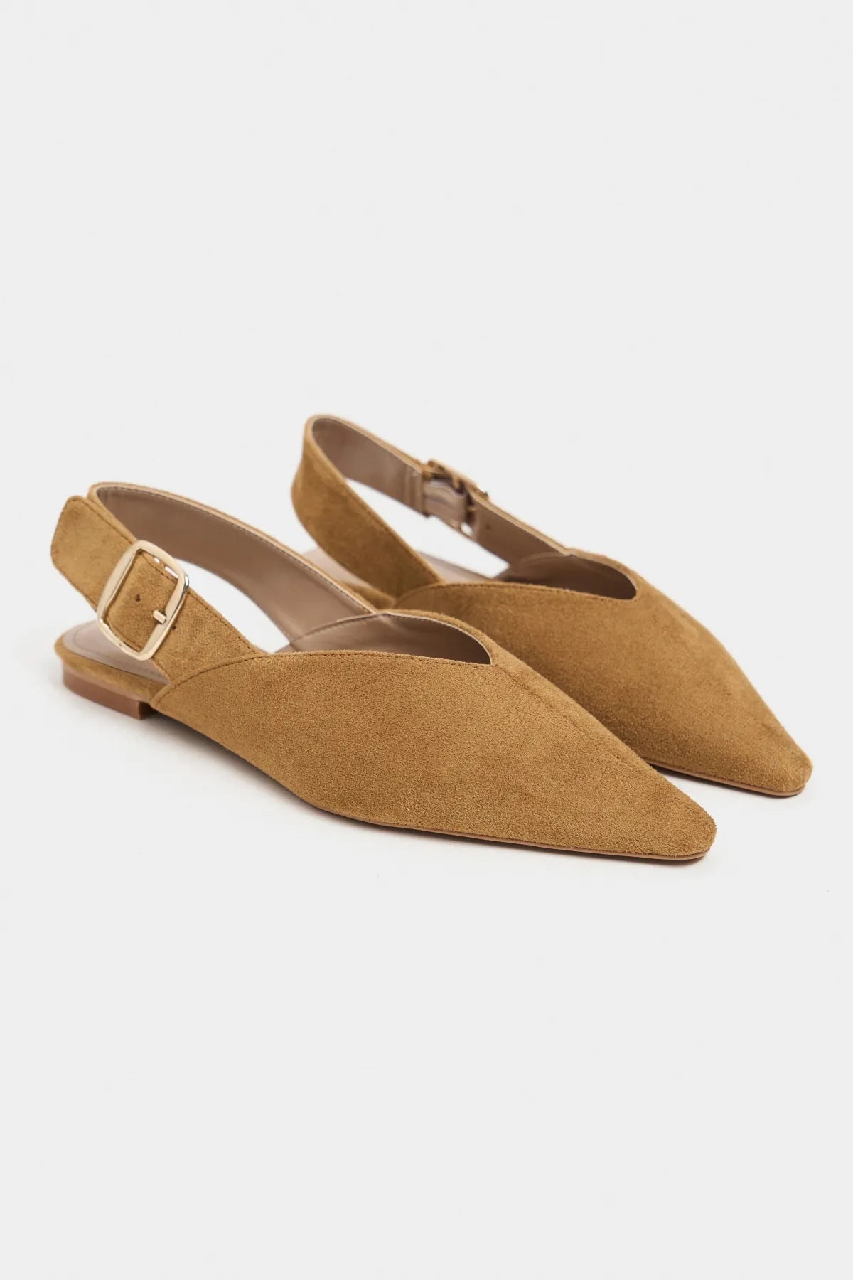 BENETO Tan Suede Pointed Toe Belt Detail Women’s Ballet Flats