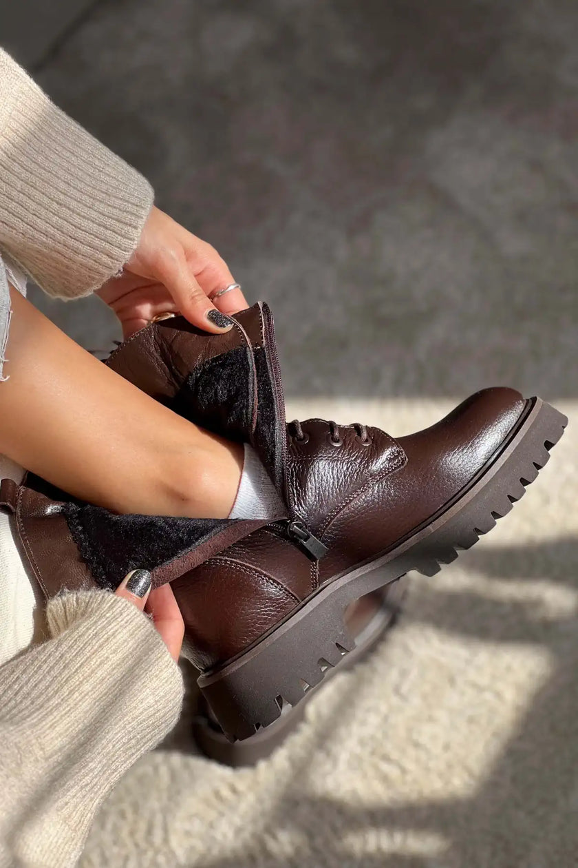 TEMPEST BROWN GENUINE LEATHER LACE-UP WOMEN'S COMBAT BOOTS