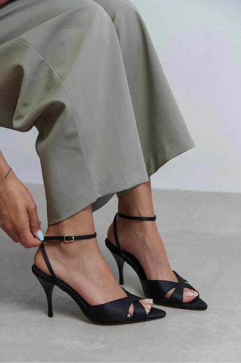 MONICA Black Satin Buckle Detail Ankle Strap Women’s Heels