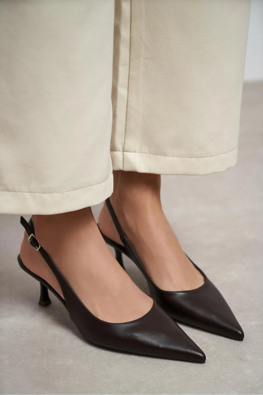 MEGY Brown Matte Slingback Pointed-Toe Women's Heels