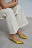 SALVA Green Satin Pointed Toe Open Front Women’s Heels