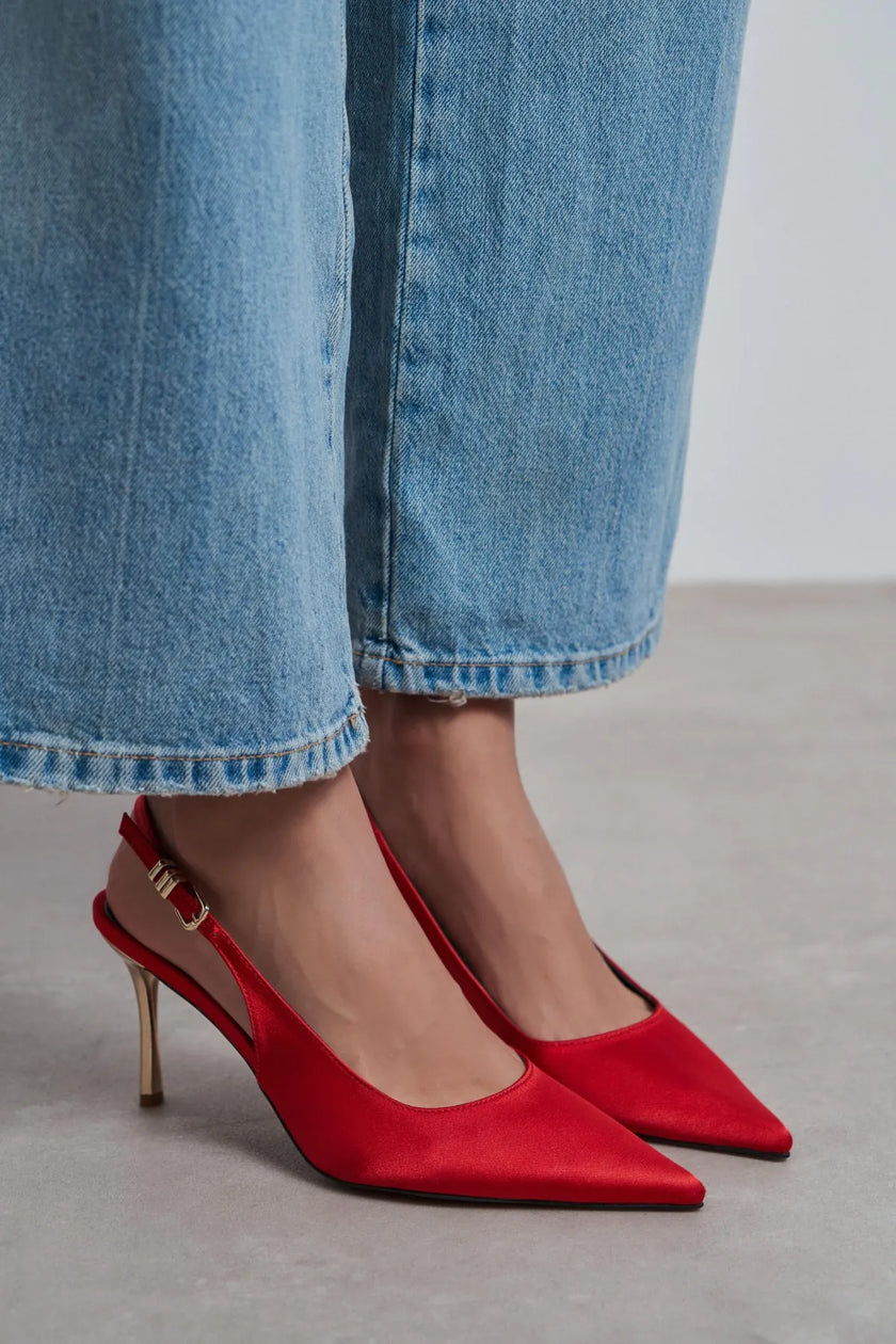 VIORA Red Satin Buckle Detail Women’s Gold Heel Shoes