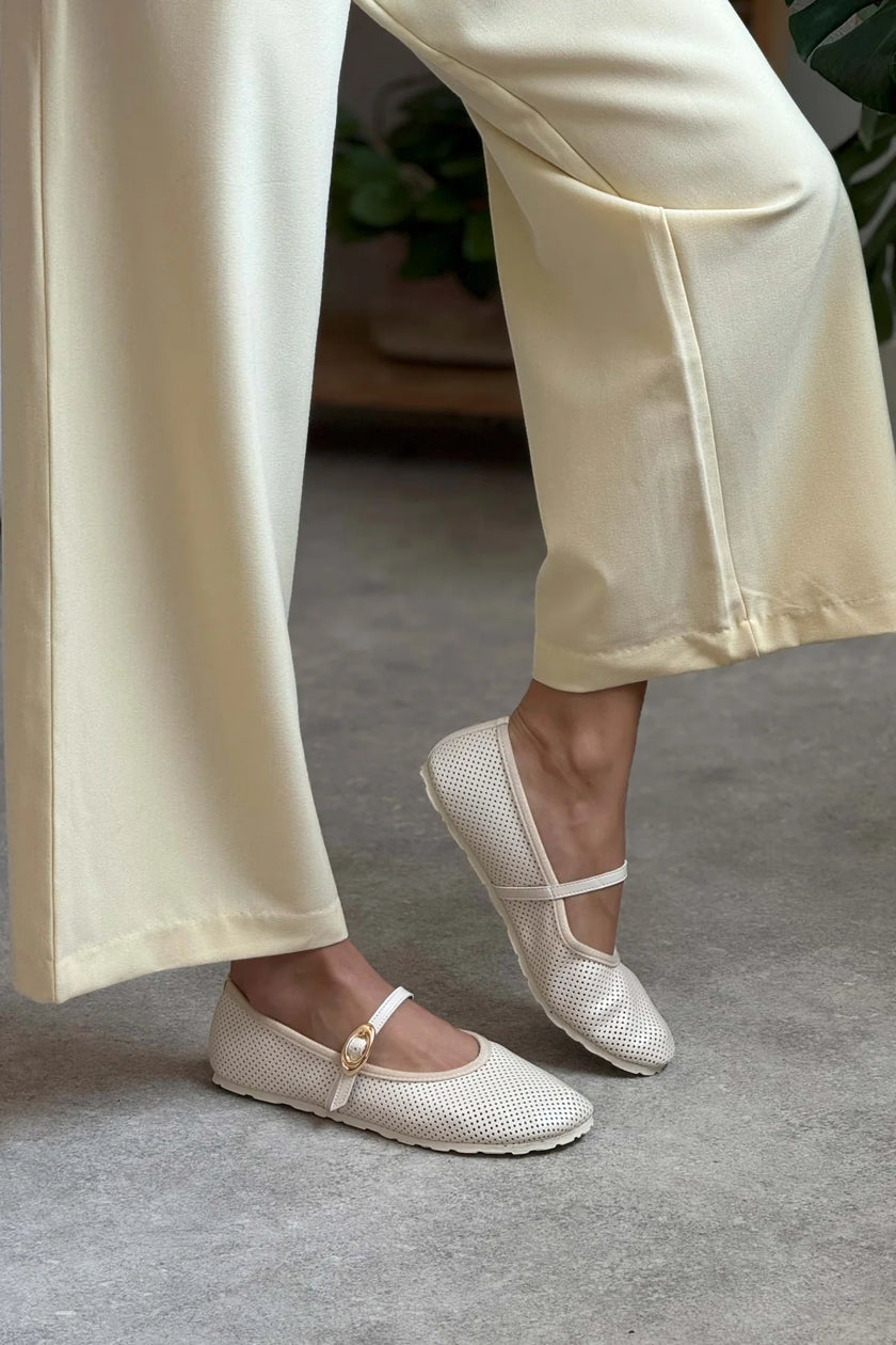 BONBON BEIGE MATTE BELT DETAIL FLAT SOLE WOMEN'S BALLERINA