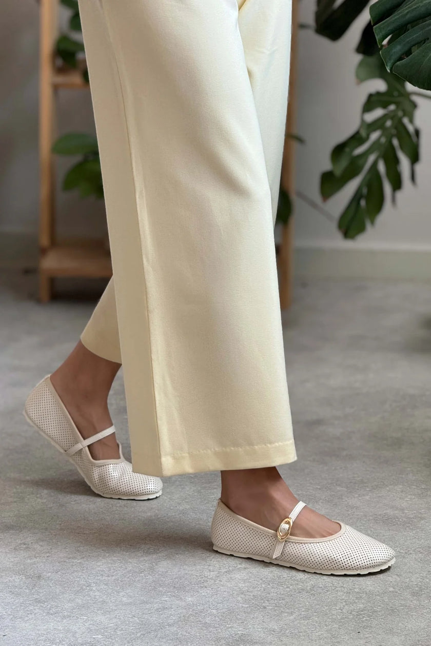 BONBON BEIGE MATTE BELT DETAIL FLAT SOLE WOMEN'S BALLERINA
