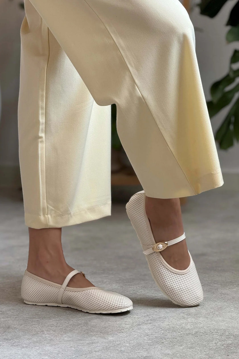 BONBON BEIGE MATTE BELT DETAIL FLAT SOLE WOMEN'S BALLERINA