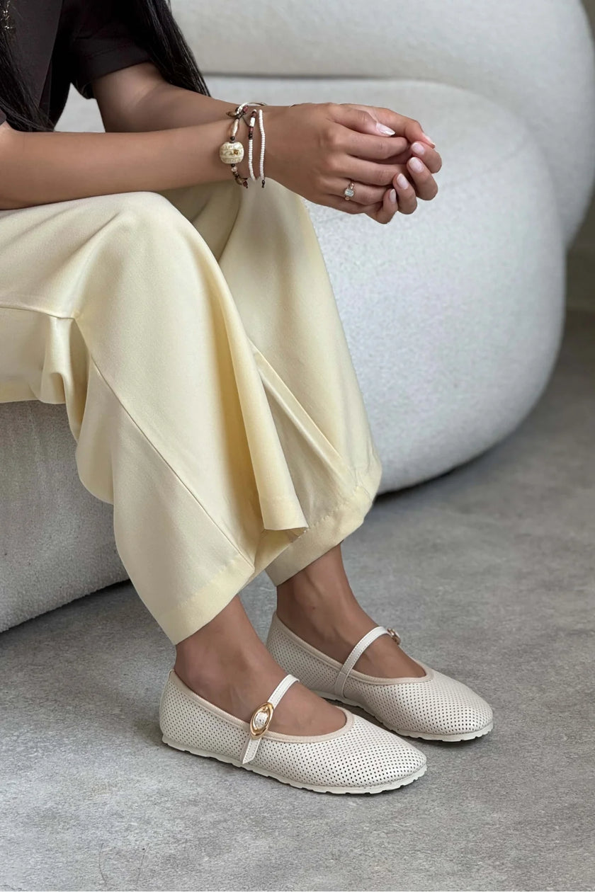BONBON BEIGE MATTE BELT DETAIL FLAT SOLE WOMEN'S BALLERINA
