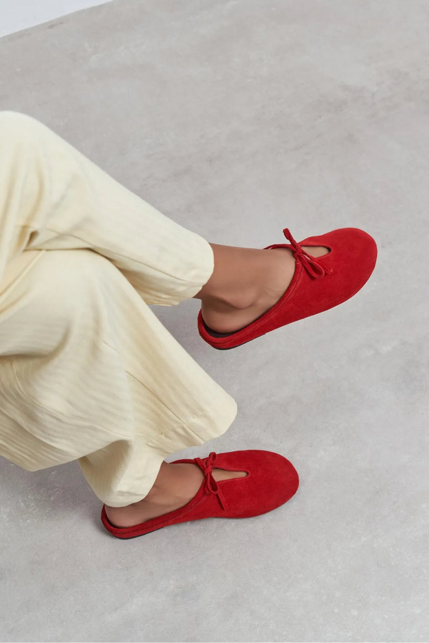 AREM Red Genuine Leather Suede Bow Detail Women's Flat Slippers
