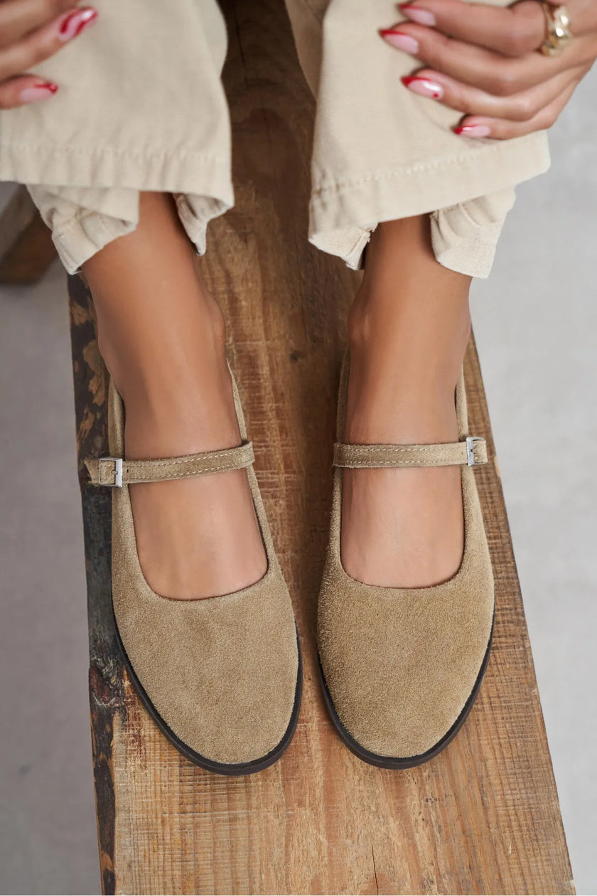 Jade Rome Beige Suede Genuine Leather Double-Buckle Flat Women's Ballet Flats