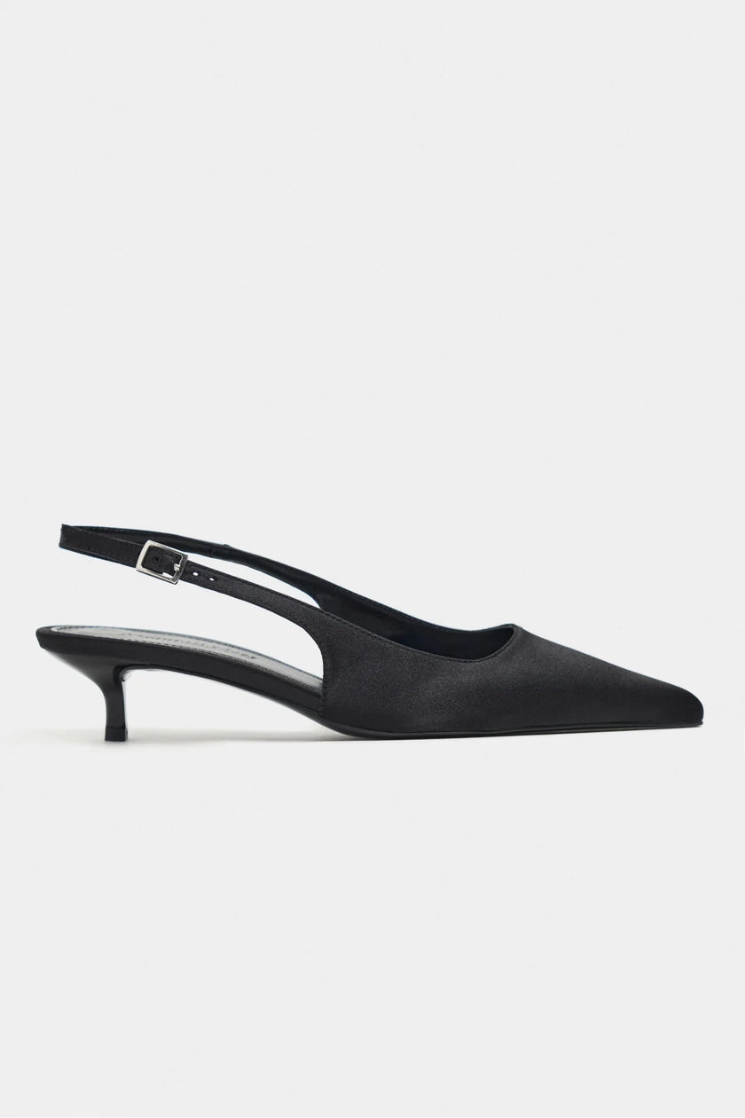 ROVIA Black Satin Pointed-Toe Thin Heel Women's Shoes
