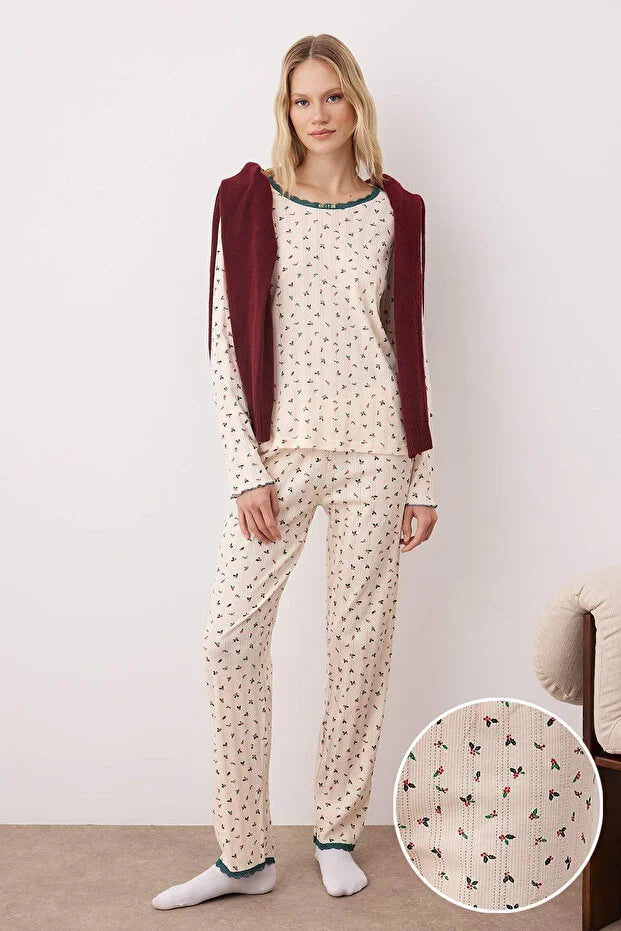 Floral Lace Detailed Corduroy/Pointel Knit Pajama Set