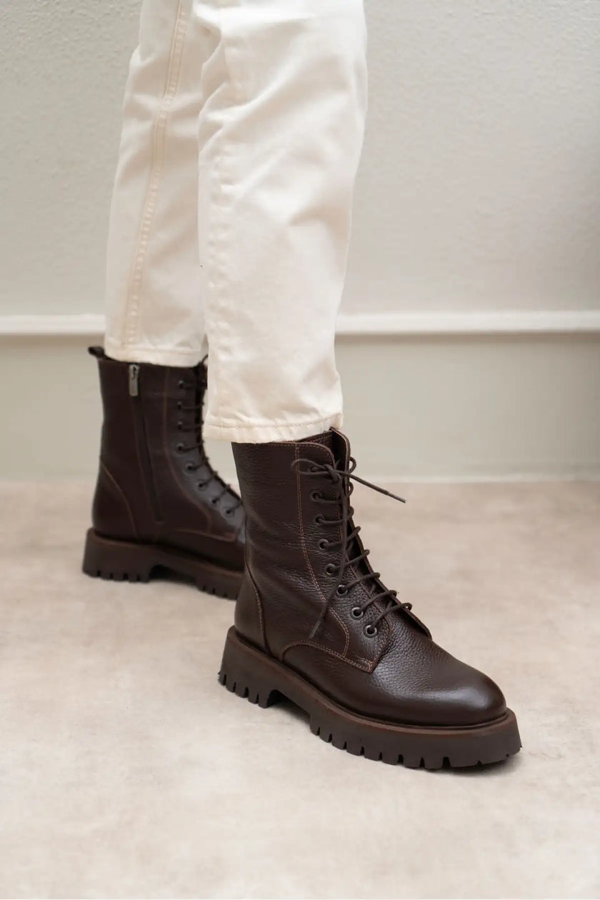 TEMPEST BROWN GENUINE LEATHER LACE-UP WOMEN'S COMBAT BOOTS