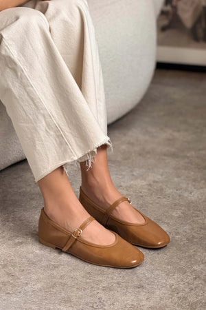 JEREMI CARAMEL CROWN MATTE BELT DETAIL FLAT SHOE WOMEN'S BALLERINA