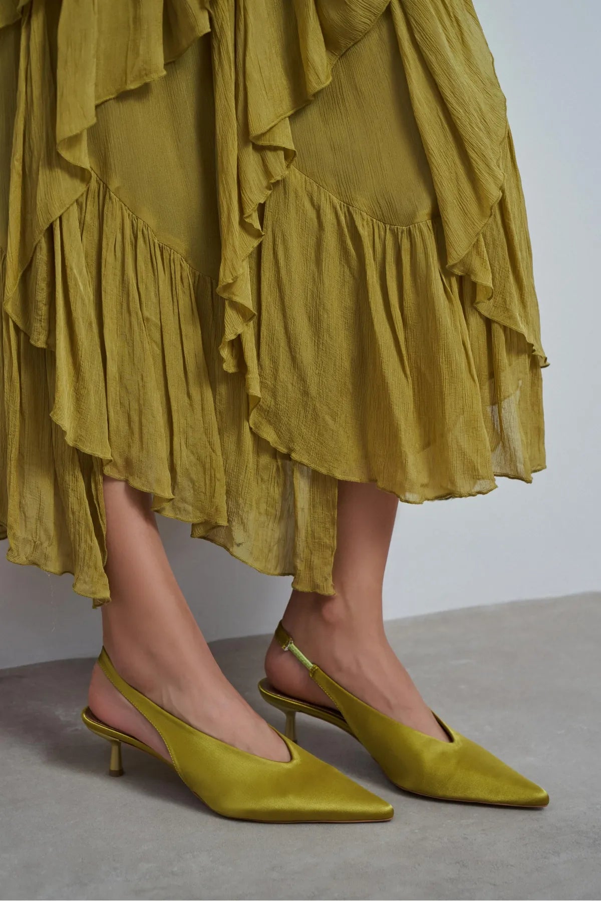 WILSON Green Satin Neoprene Slingback Women’s Heels