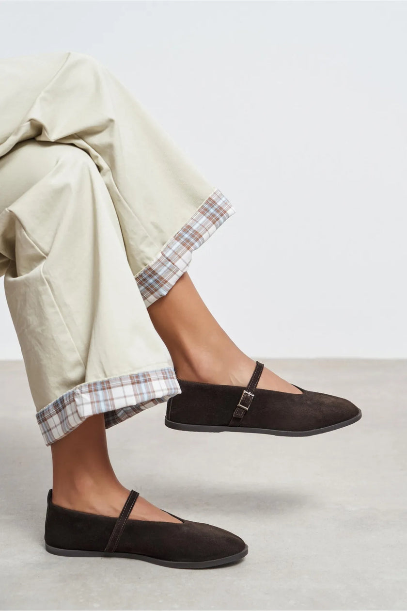 Nora Bitter Brown Suede Genuine Leather Buckle Detail Flat Women's Ballet Flats