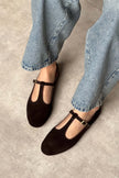 PALMER Dark Brown Genuine Suede Buckle Detail Women’s Flat Ballet Shoes