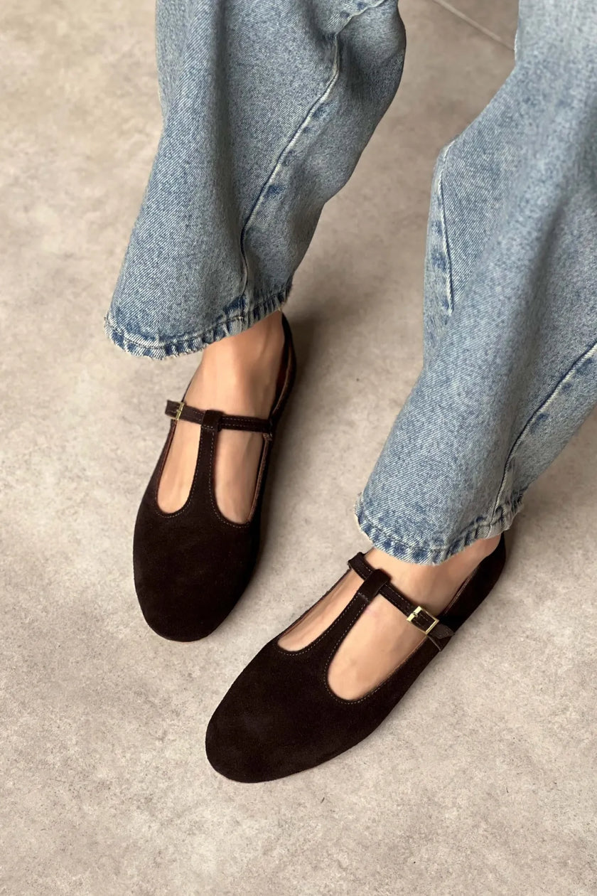 PALMER Dark Brown Genuine Suede Buckle Detail Women’s Flat Ballet Shoes