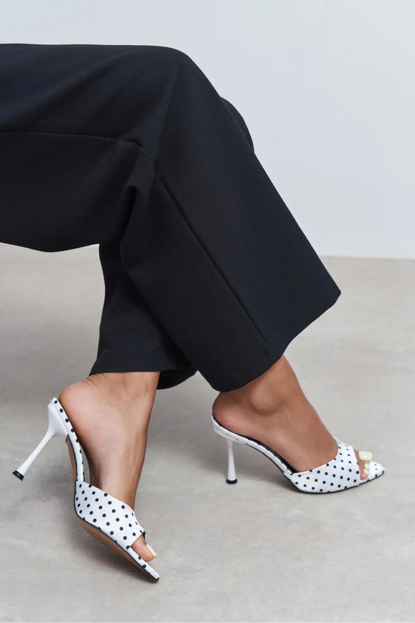 RENATA White Polka Dot Open Pointed-Toe Women's Heeled Slippers