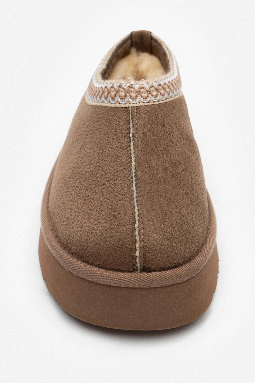 SWEET DARK BEIGE SUEDE FLAT-SOLED HOME SLIPPERS WITH FUR INSIDE