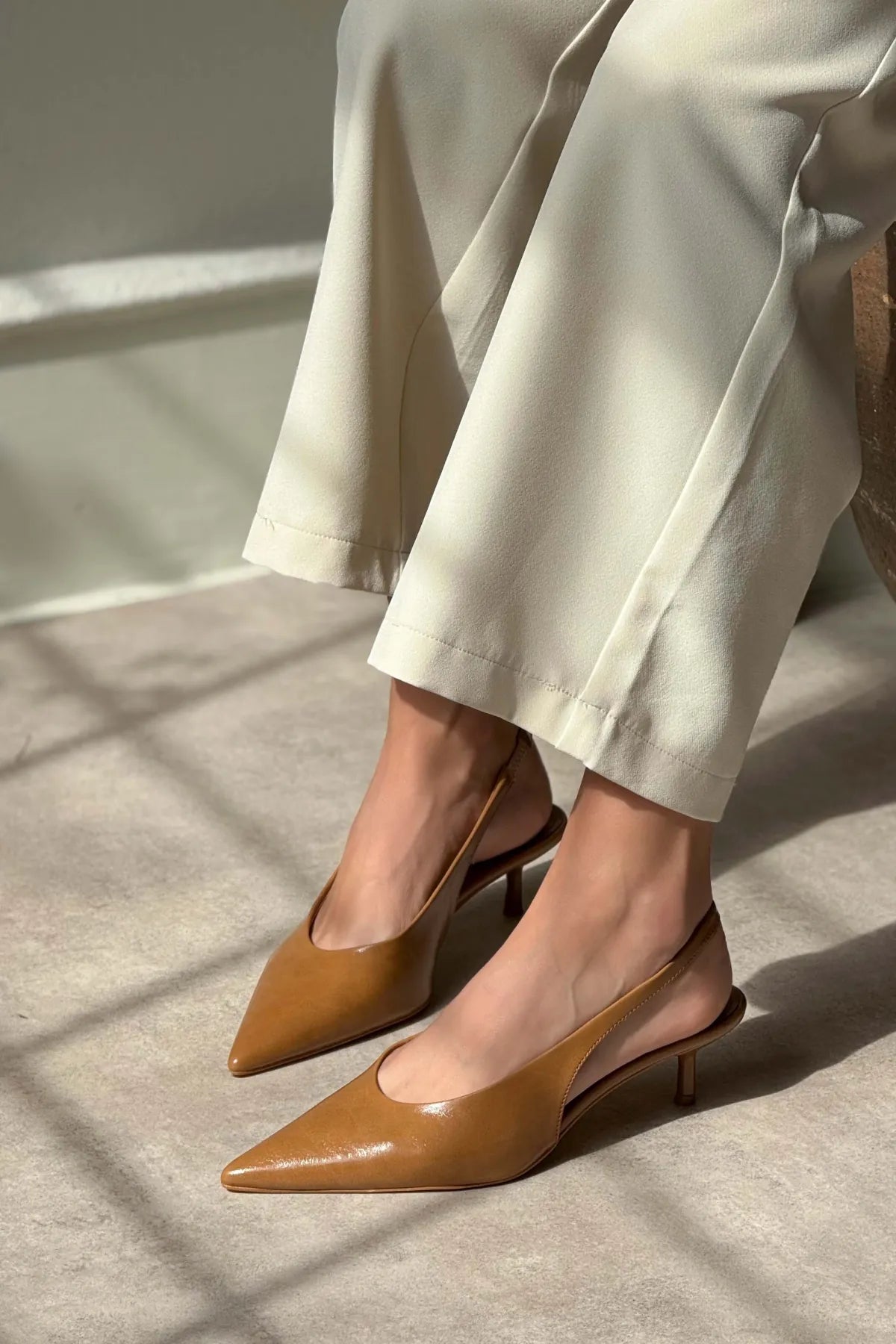 MELVIN Caramel Patterned Matte Women’s Heeled Shoes with Elastic Ankle Detail