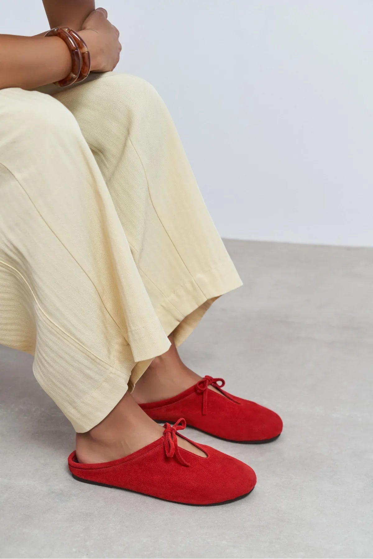 AREM Red Genuine Leather Suede Bow Detail Women's Flat Slippers