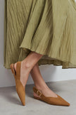 BENETO Tan Suede Pointed Toe Belt Detail Women’s Ballet Flats
