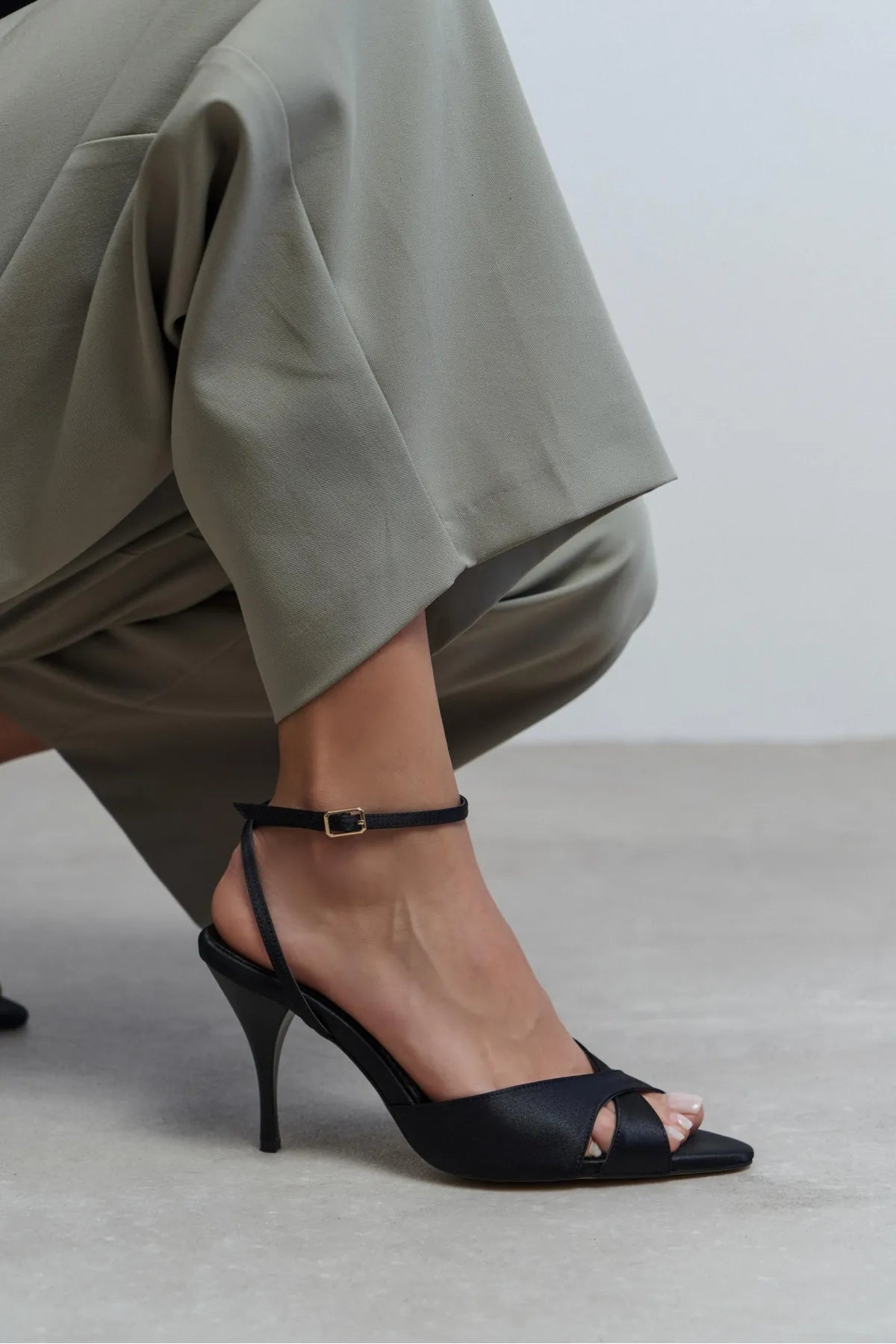 MONICA Black Satin Buckle Detail Ankle Strap Women’s Heels
