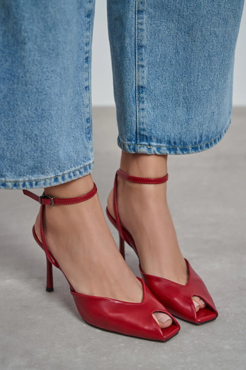 VELA Red Rustic Open Toe Ankle Strap Women’s Heel Shoes