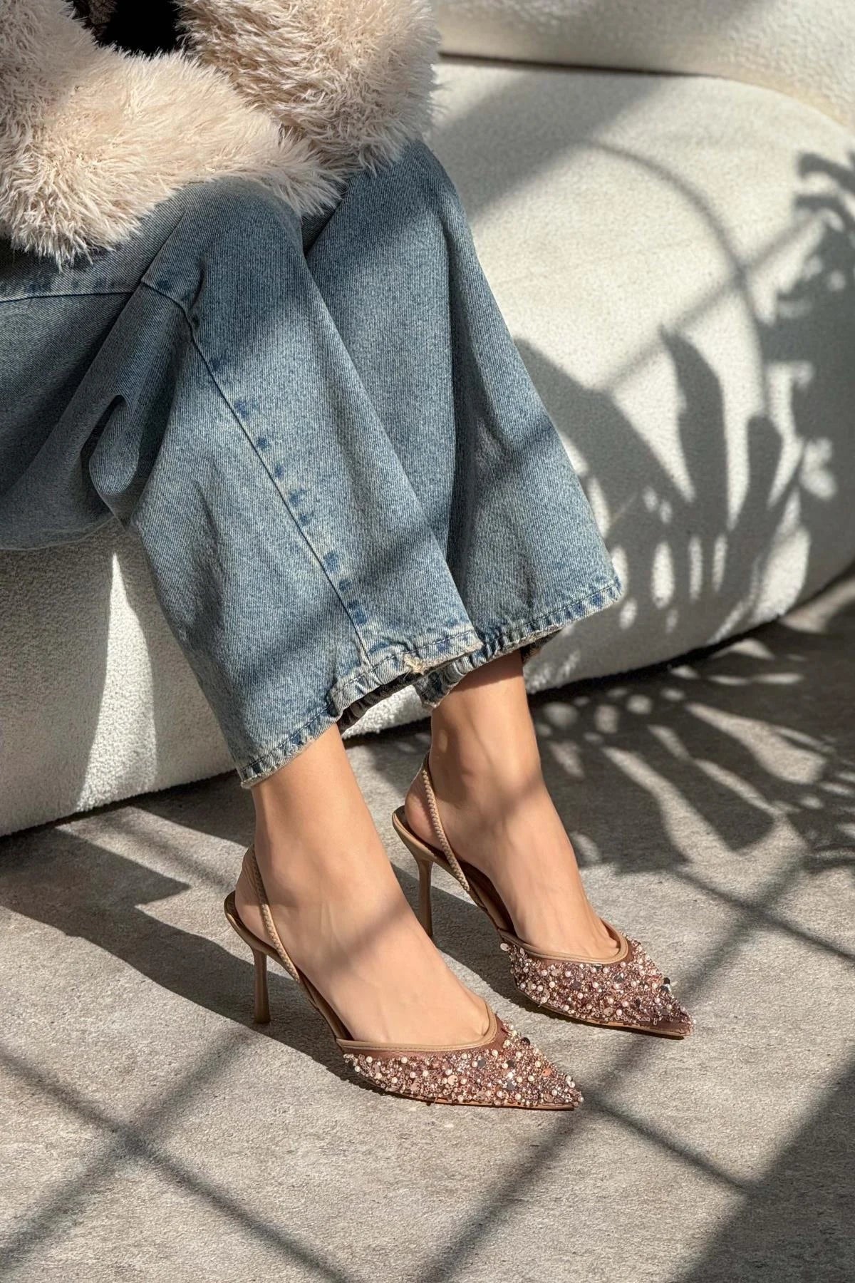 Sara Nude Pointed Toe Women's High Heel Shoes with Net Bead Detail