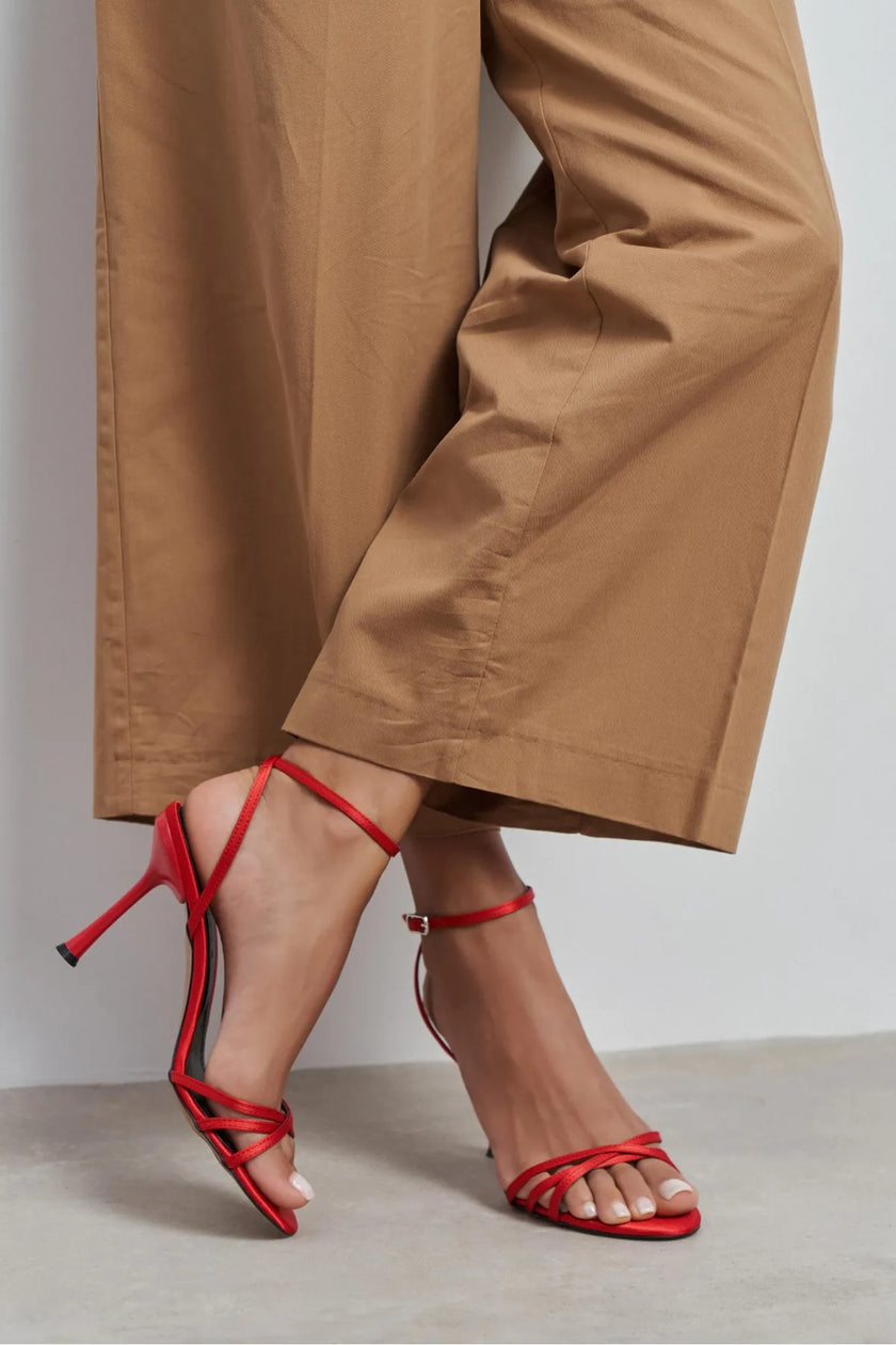 AVA RED SATIN CROSS-STRAP ANKLE TIE WOMEN’S HIGH HEELS