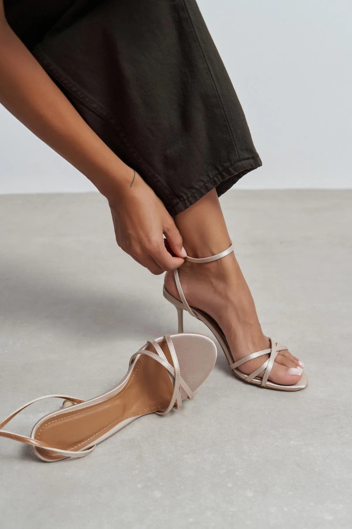 AVA Sand Beige Satin Cross-Detail Ankle Strap Women's Heels