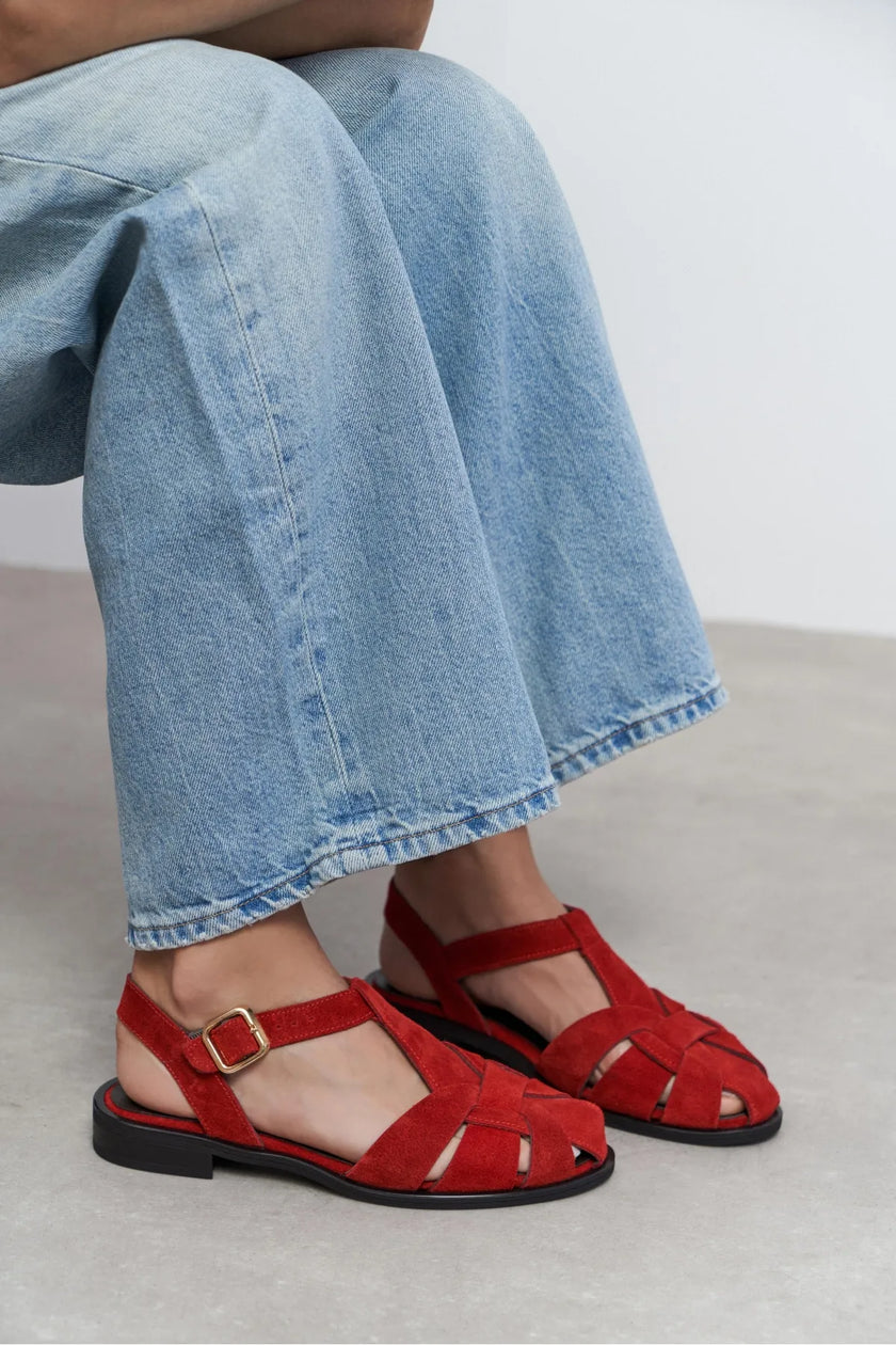 CERES Red Genuine Suede Leather Buckle Detail Low Heel Women’s Sandals