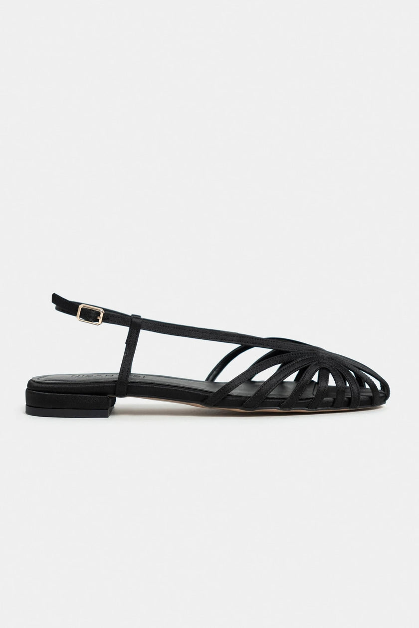 LENY Black Satin Piped  Low-Heel Women's Sandals