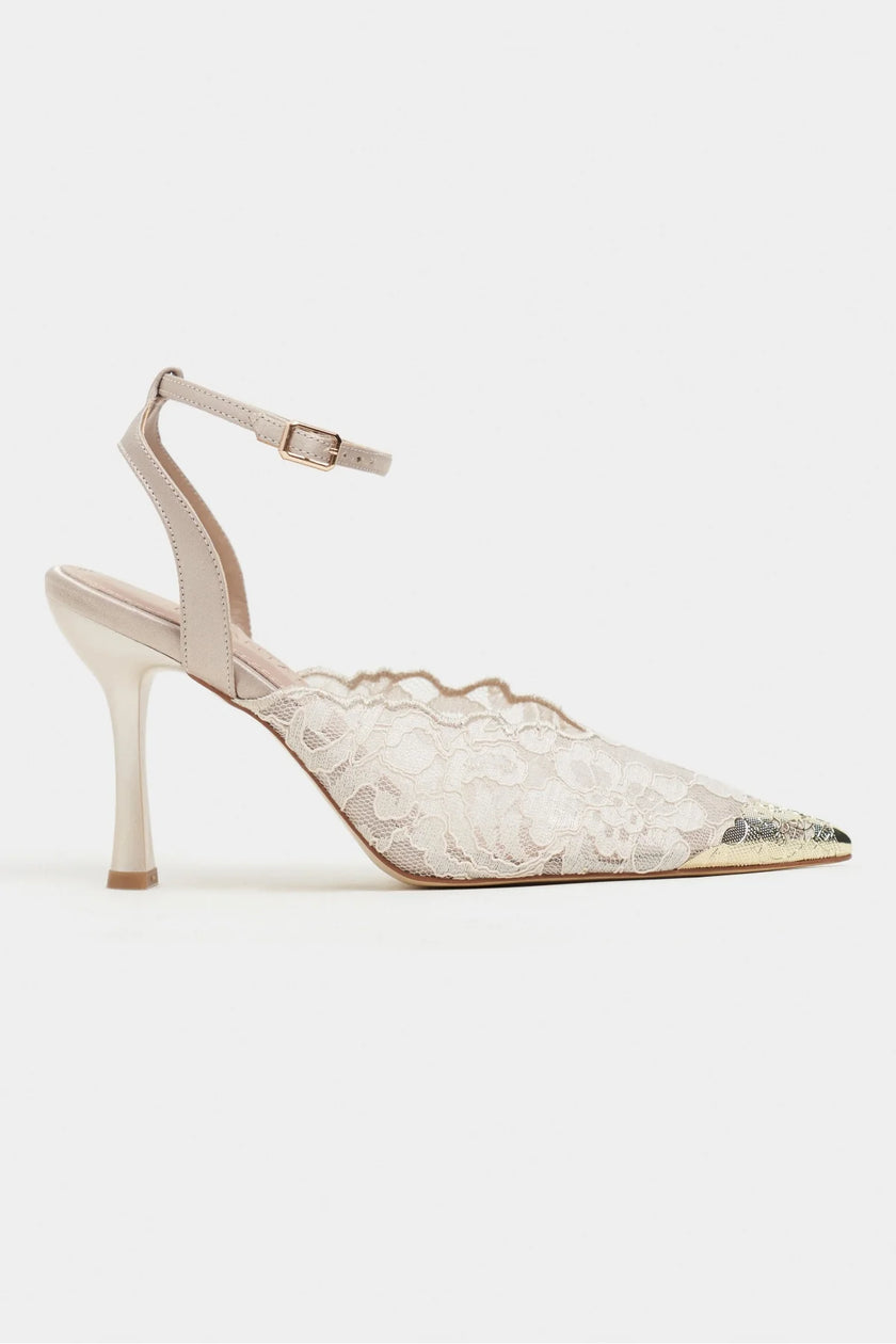 HANNAH Beige Lace Embroidered Detail Back Strap Women’s Heels
