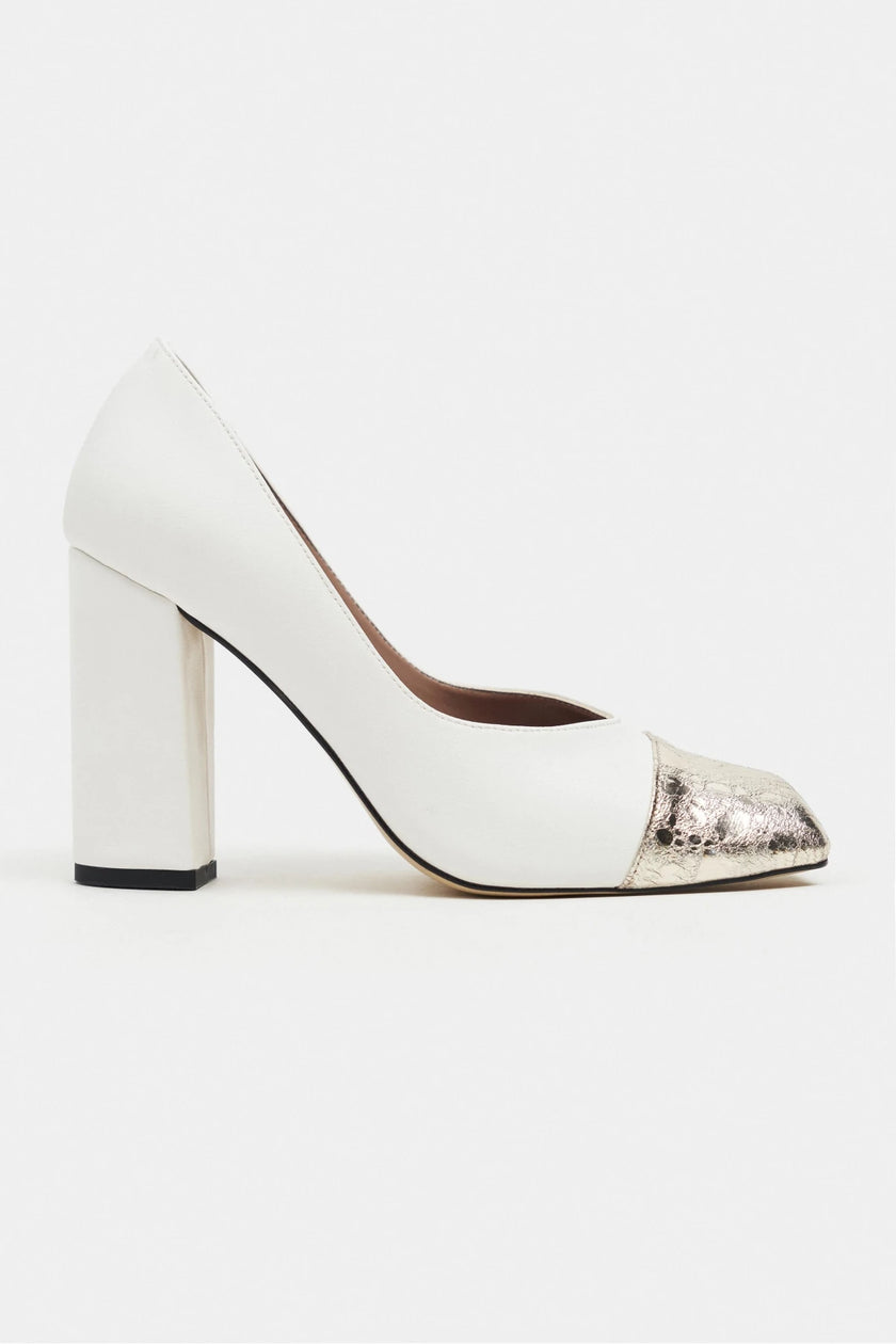 EMILY WHITE & GOLD CAP-TOE BLOCK HEEL WOMEN’S SHOES