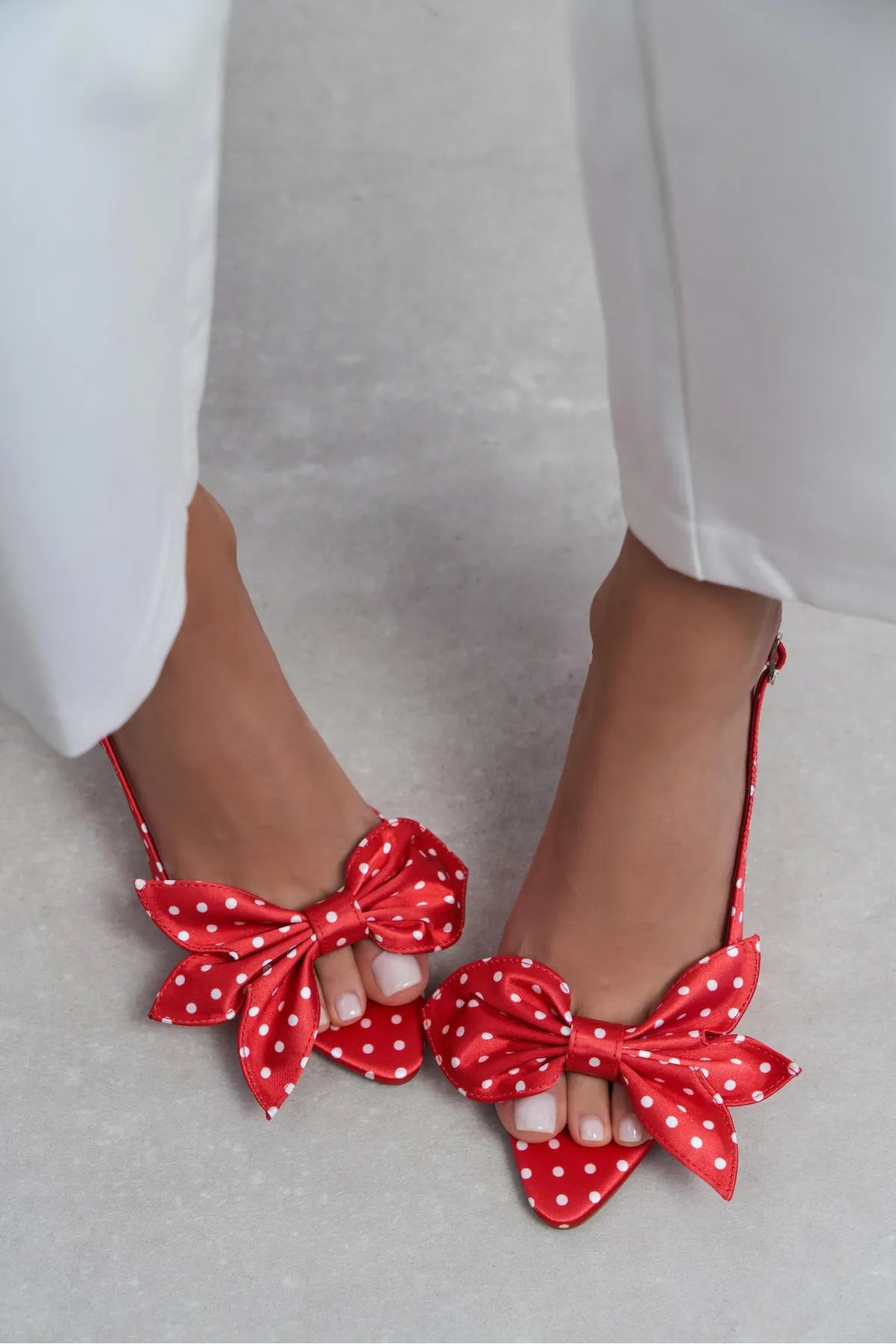LOREA Red Satin Polka Dot Bow Detail Women’s High-Heel Shoes