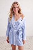 Blue Lace Detail Satin Woven Robe & Nightdress Set