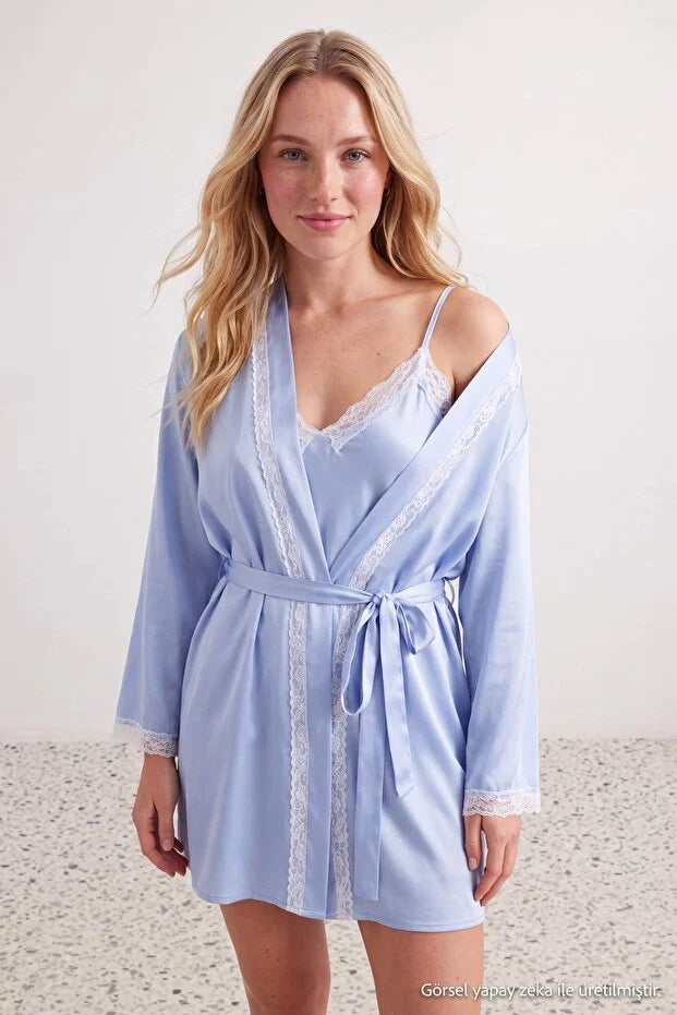 Blue Lace Detail Satin Woven Robe & Nightdress Set