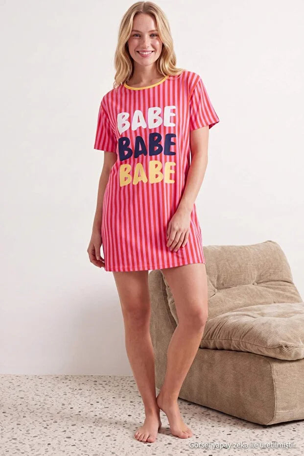 Pink  Cotton Striped Slogan Print Knit Nightdress