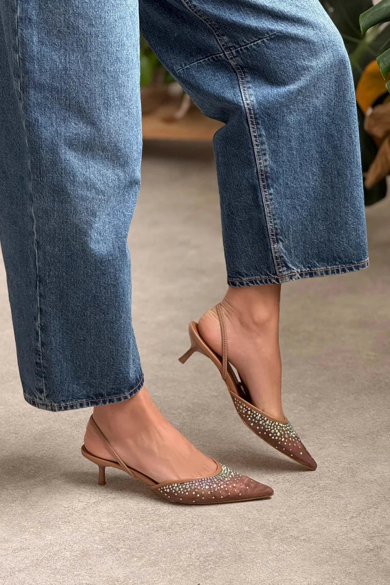 Cinderella Nude Fishnet Stone Detailed Pointed Toe Women's High Heel Shoes