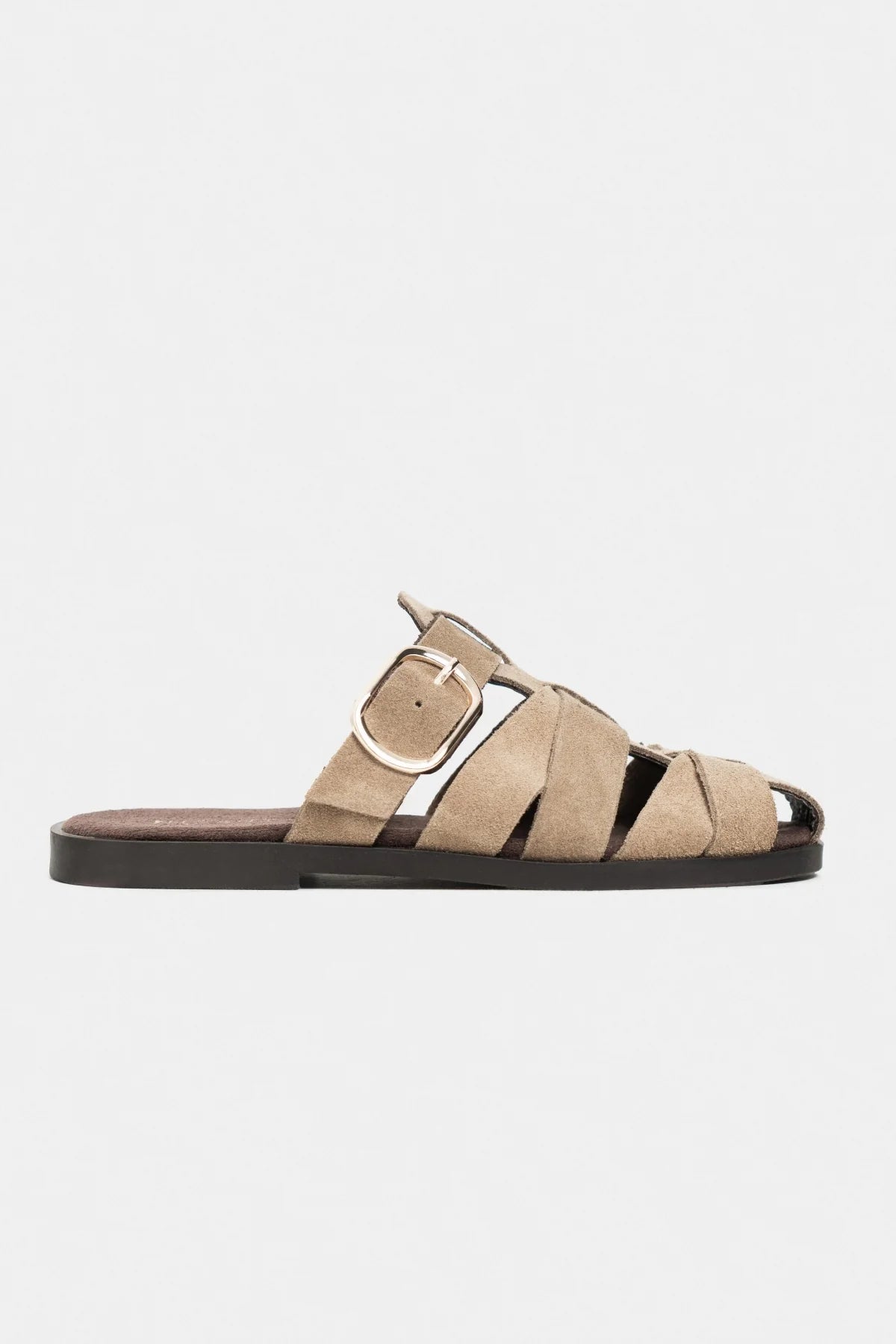 HONEY ROME BEIGE GENUINE SUEDE BUCKLE DETAIL WOMEN’S FLAT SLIPPERS