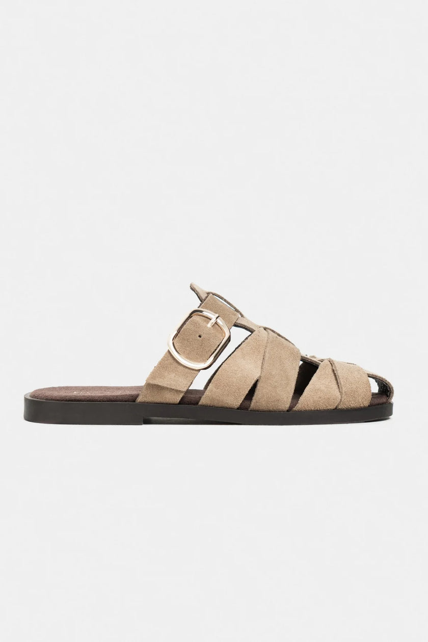 HONEY ROME BEIGE GENUINE SUEDE BUCKLE DETAIL WOMEN’S FLAT SLIPPERS