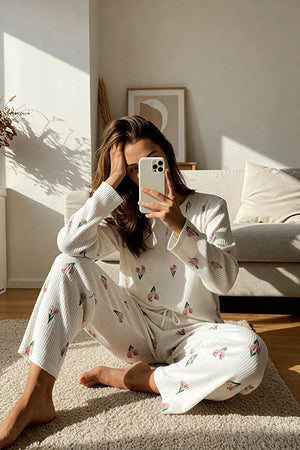 White Floral Soft Touch Ribbed Knit Pajama Set