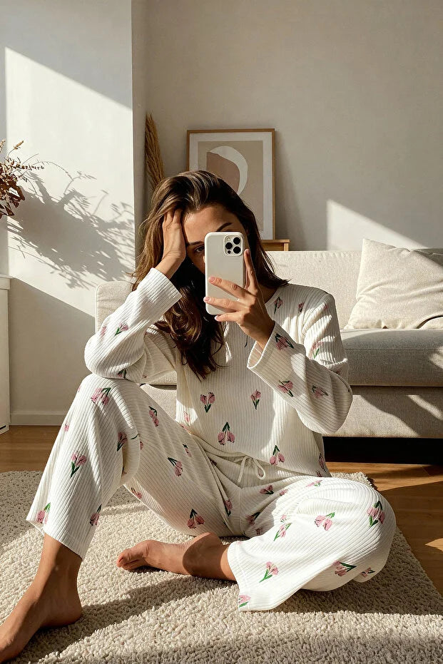 White Floral Soft Touch Ribbed Knit Pajama Set