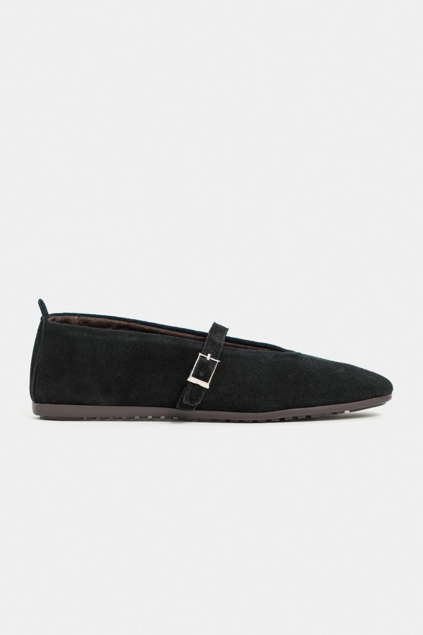 MERA Black Suede Genuine Leather Buckle Detail Women’s Ballet Flats