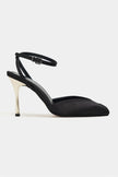 VELA Black Satin Ankle Tie Open Toe Women’s Heels