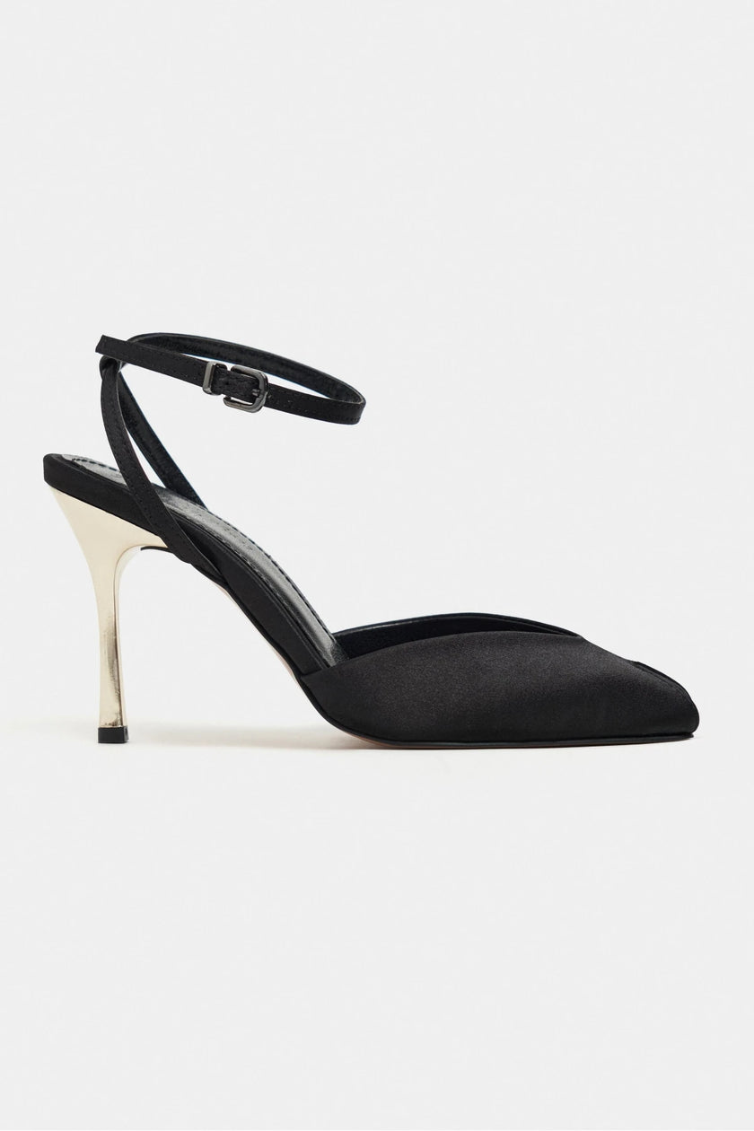 VELA Black Satin Ankle Tie Open Toe Women’s Heels